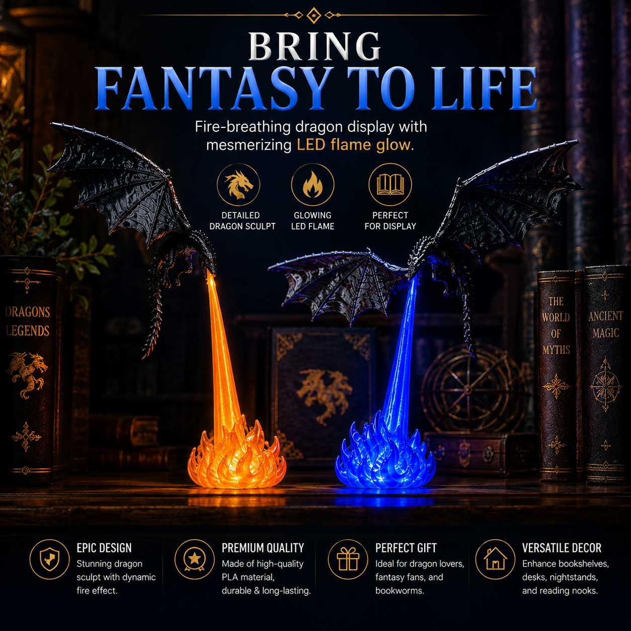 🐉3D Fire-Breathing Dragon LED Display – Fantasy Bookshelf Decor with Glowing Flame