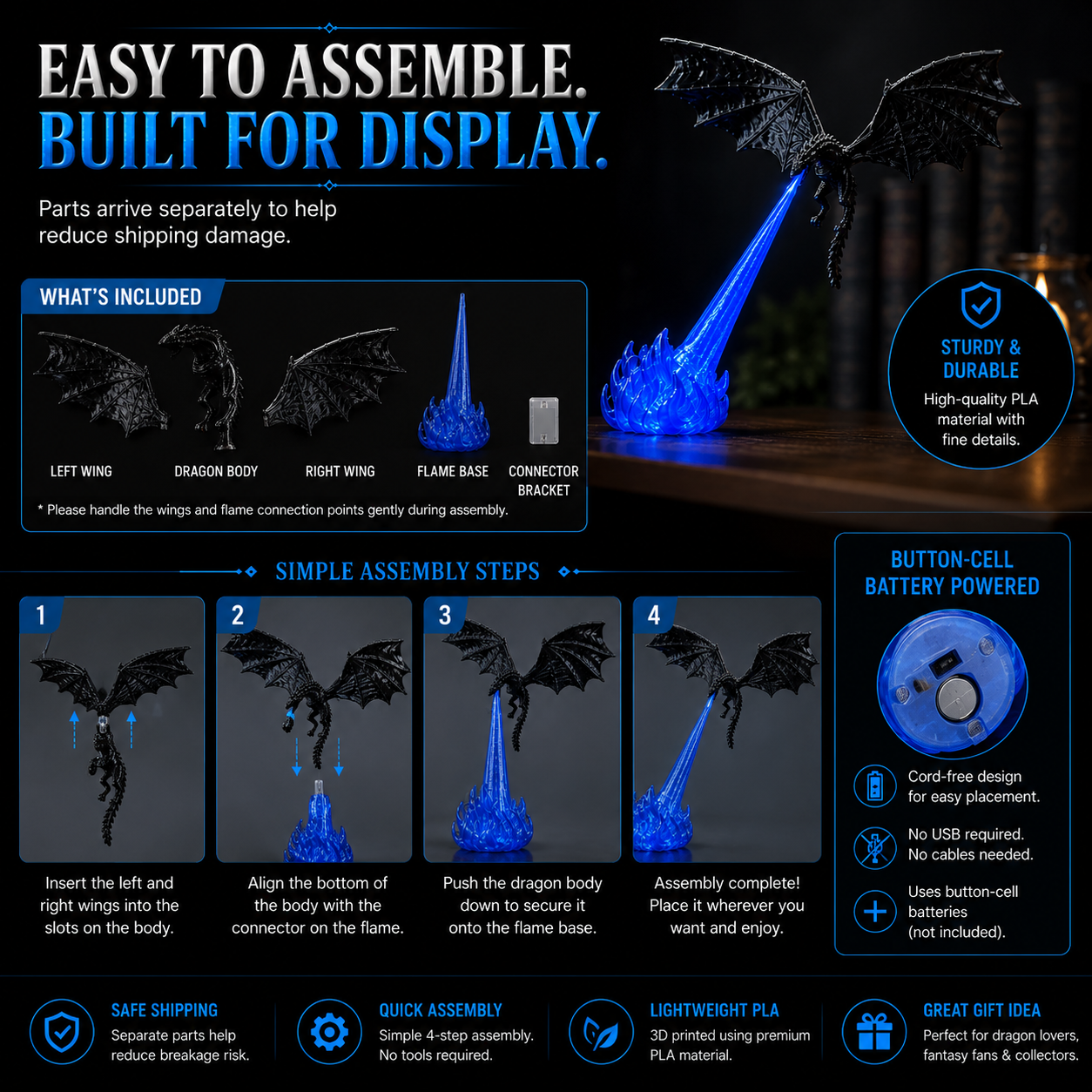 🐉3D Fire-Breathing Dragon LED Display – Fantasy Bookshelf Decor with Glowing Flame