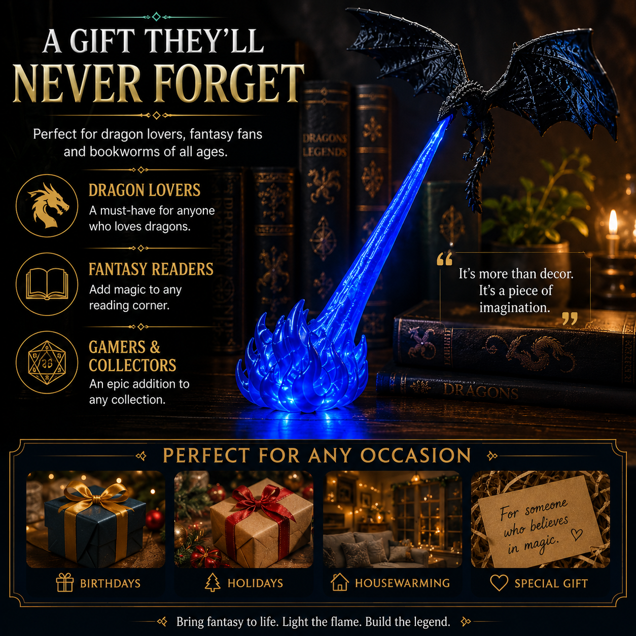 🐉3D Fire-Breathing Dragon LED Display – Fantasy Bookshelf Decor with Glowing Flame