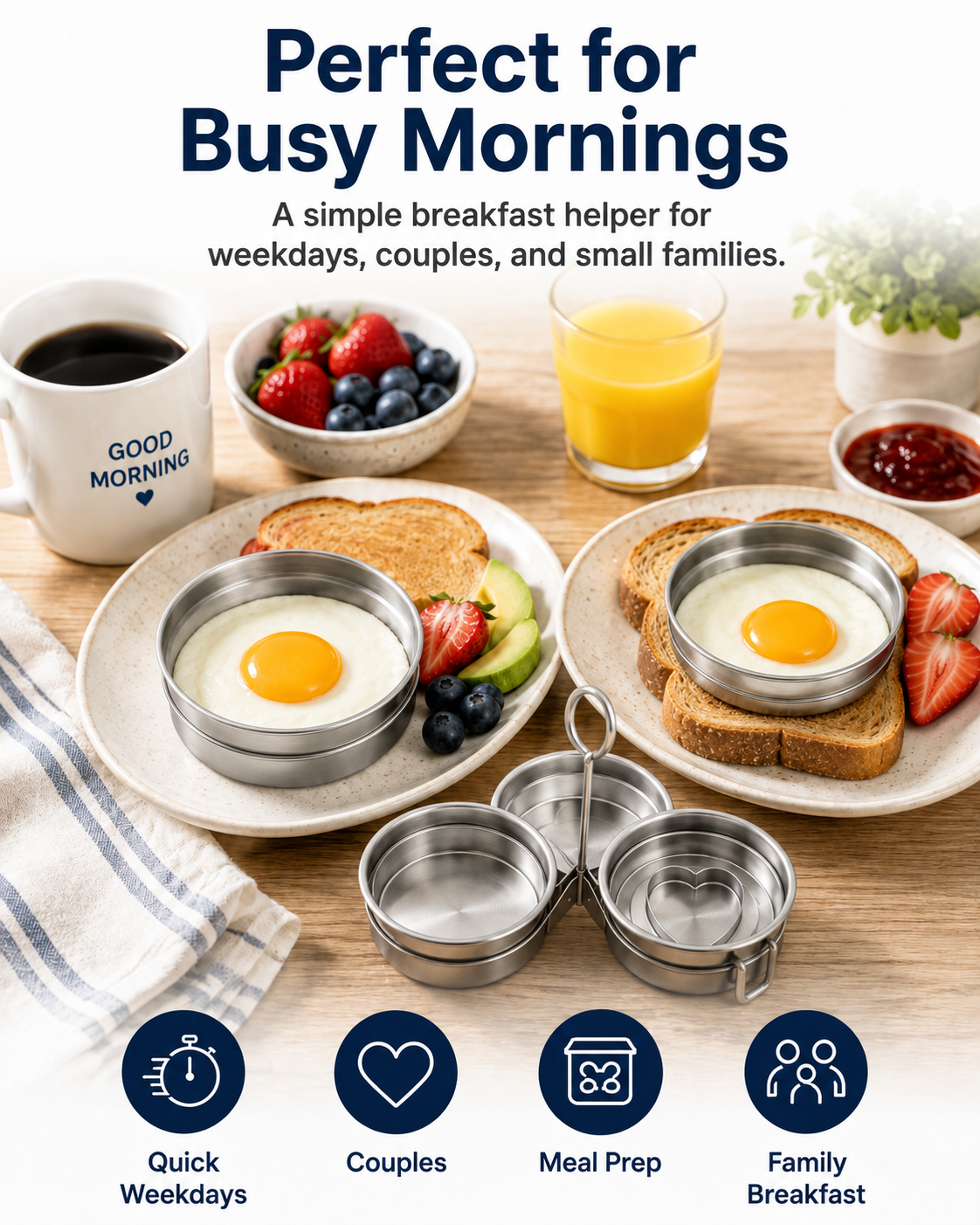 🔥Last Day 50% OFF - 🍳3-Cup Stainless Steel Egg Ring Set | Round & Heart Base