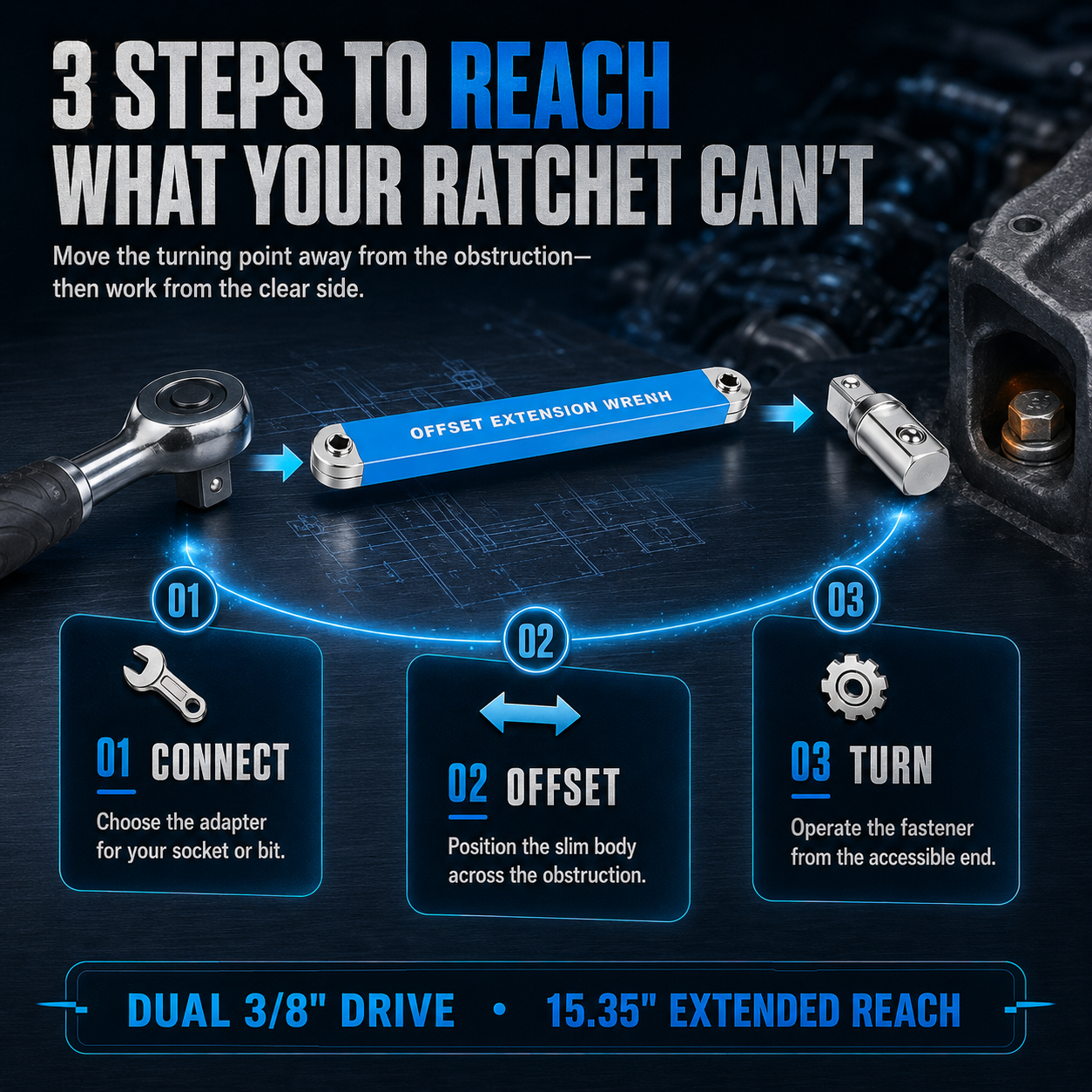 🔥Last Day 50% OFF - ⚡3/8' Offset Extension Wrench Set – Reach Tight Bolts Without Removing Parts