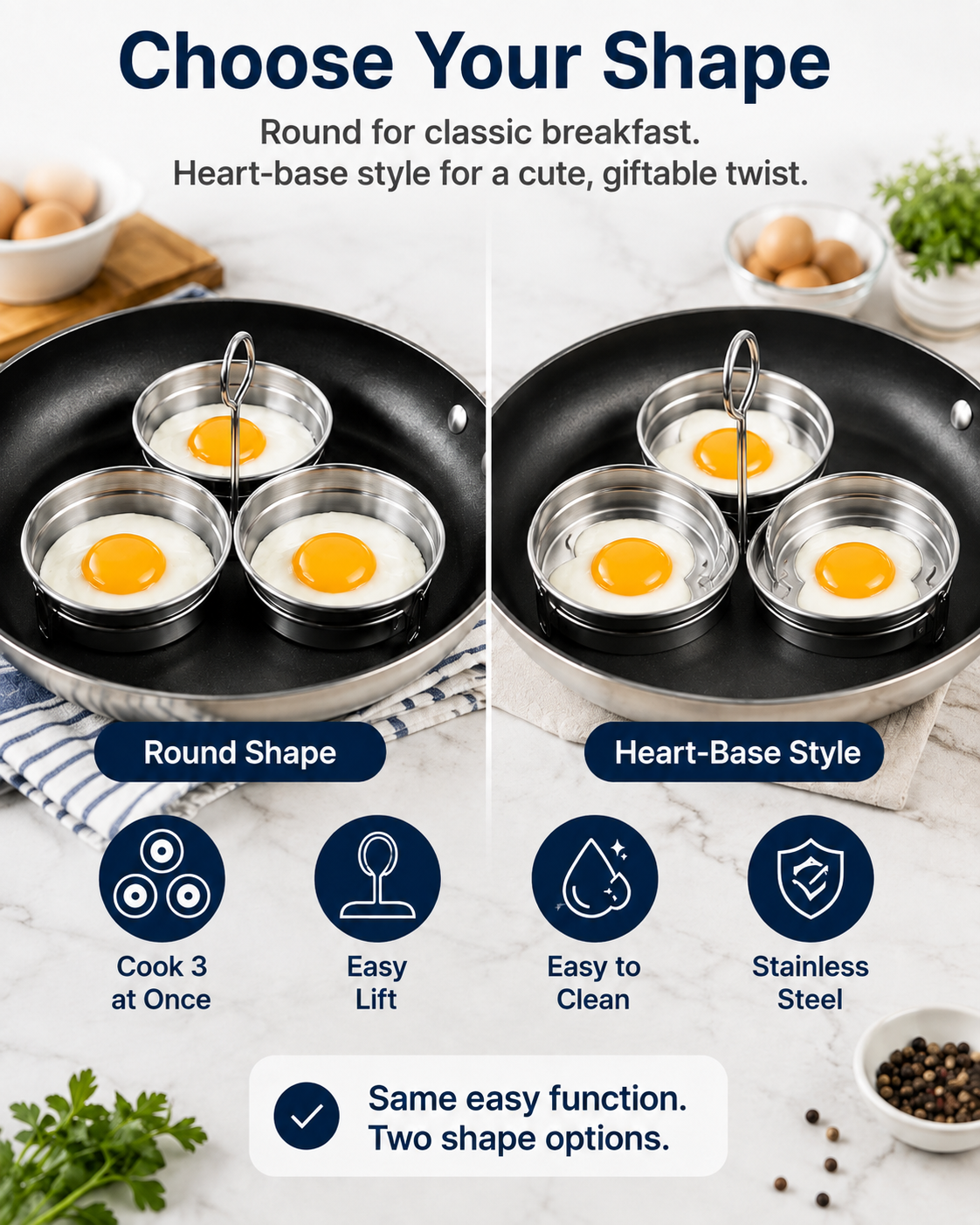 🔥Last Day 50% OFF - 🍳3-Cup Stainless Steel Egg Ring Set | Round & Heart Base