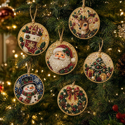 🎄 6-Piece DIY Diamond Painting Wooden Christmas Ornament Kit – Handmade Holiday Tree Decorations