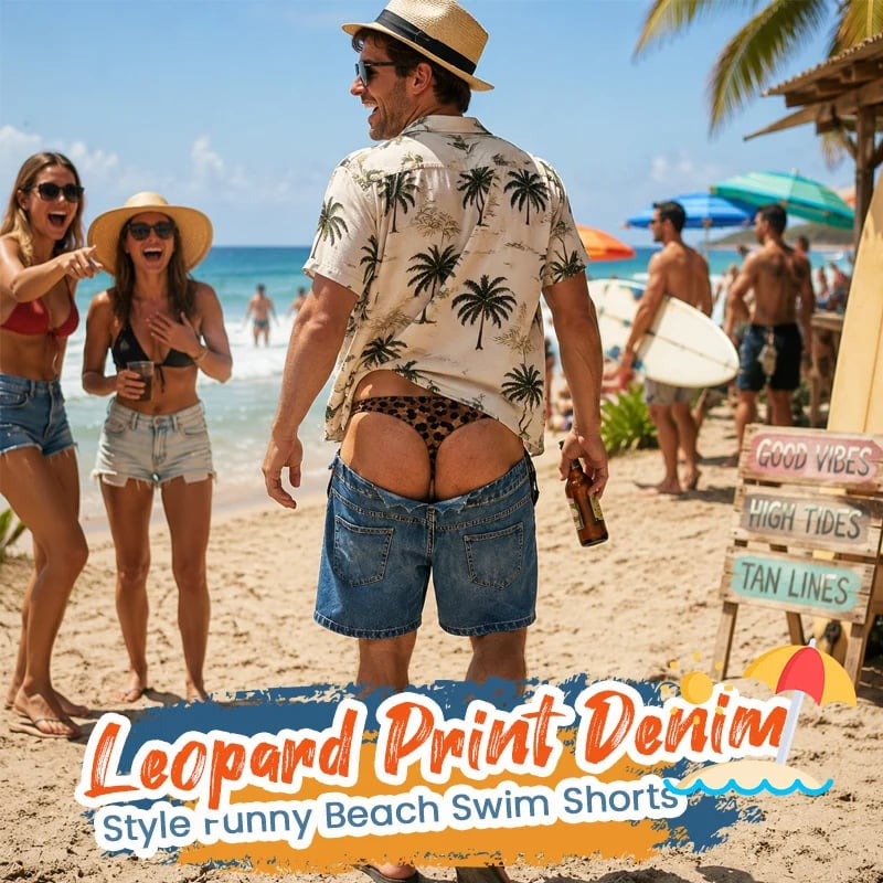 🔥LAST DAY 50% OFF - 😄Funny Leopard‑Print Fake Denim Swim Shorts | Novelty Illusion Beach Trunks