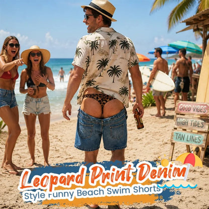 🔥LAST DAY 50% OFF - 😄Funny Leopard‑Print Fake Denim Swim Shorts | Novelty Illusion Beach Trunks