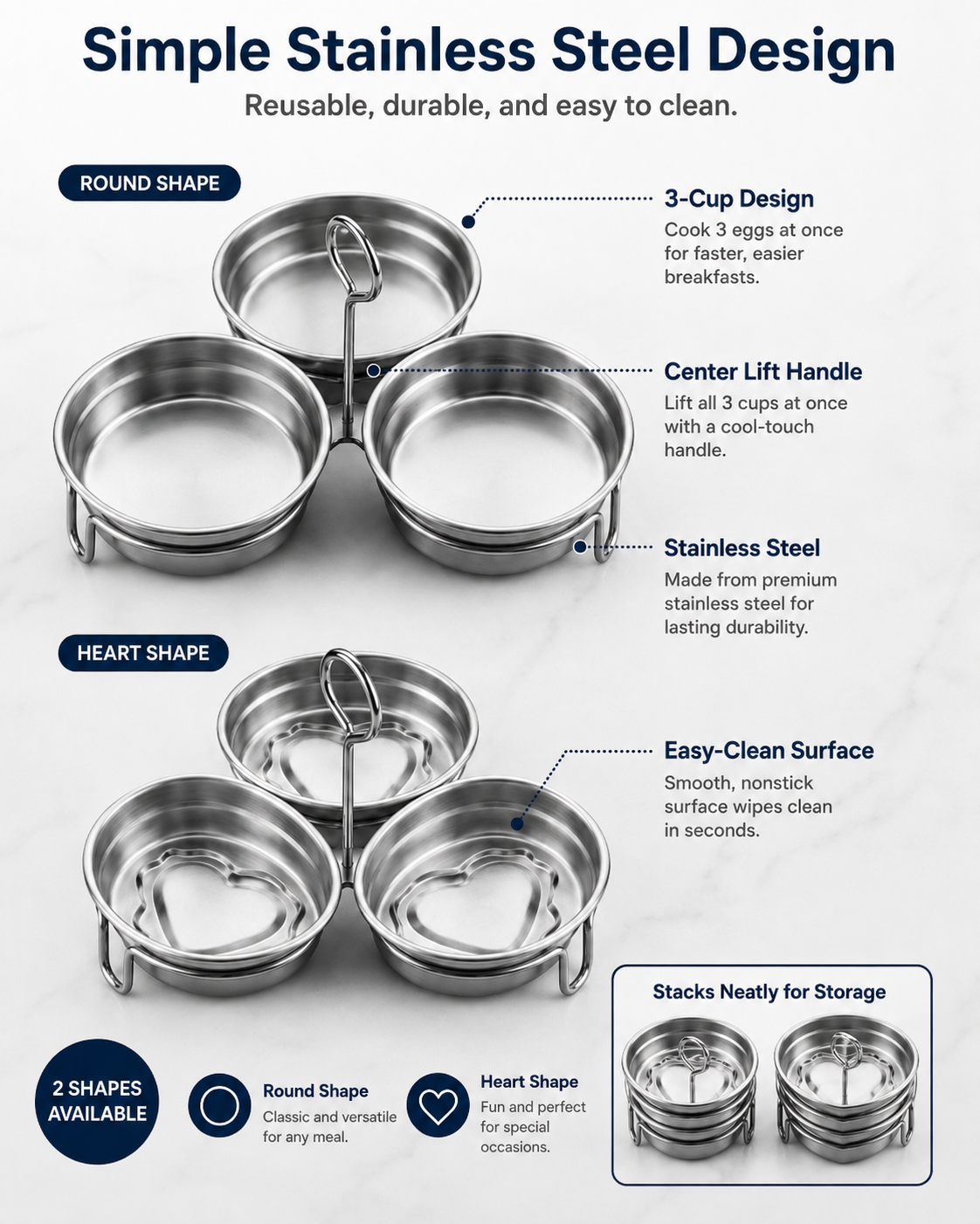 🔥Last Day 50% OFF - 🍳3-Cup Stainless Steel Egg Ring Set | Round & Heart Base