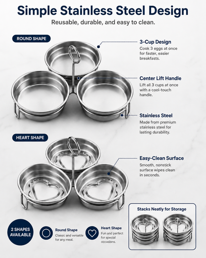 🔥Last Day 50% OFF - 🍳3-Cup Stainless Steel Egg Ring Set | Round & Heart Base