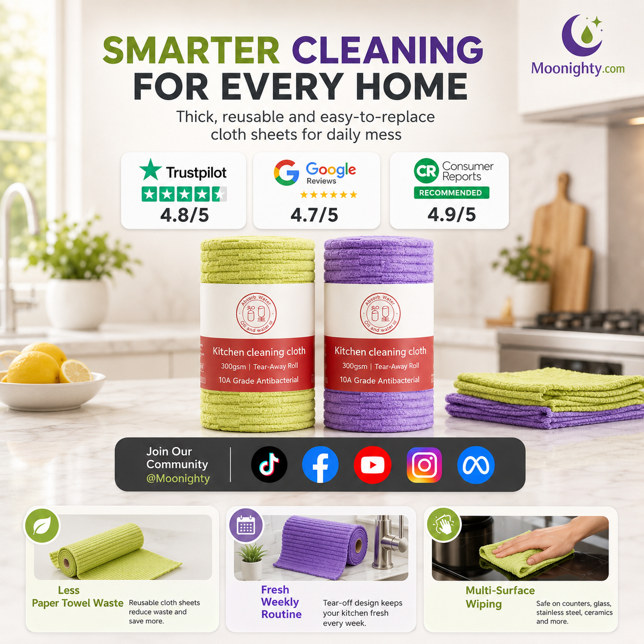 🔥Last Day 50% OFF - 20‑Pack Multipurpose Reusable Tear‑Off Cleaning Cloth Roll 🧽✨