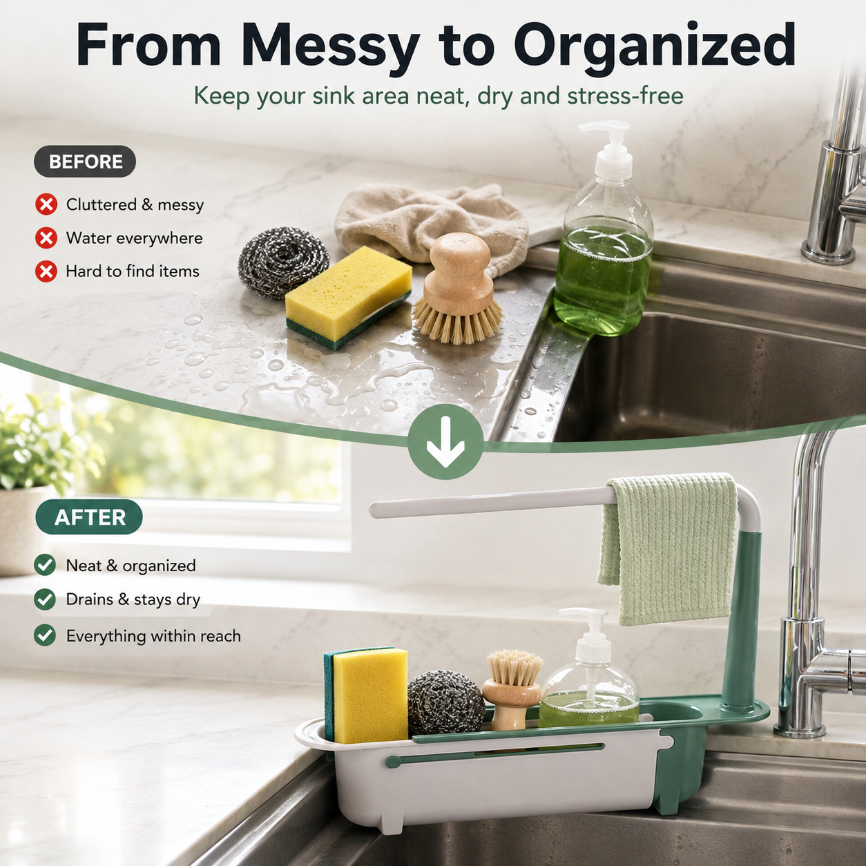 🔥LAST DAY 50% OFF - ✨ Adjustable Telescopic Sink Organizer – Drain, Dry & Declutter
