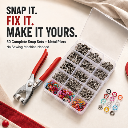 🧵 50-Set No-Sew Snap Button Pliers Kit – Complete Colored Fasteners with Metal Pliers & Storage Box
