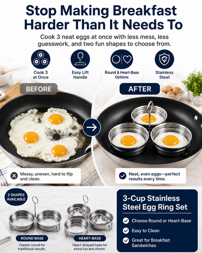 🔥Last Day 50% OFF - 🍳3-Cup Stainless Steel Egg Ring Set | Round & Heart Base