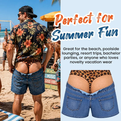 🔥LAST DAY 50% OFF - 😄Funny Leopard‑Print Fake Denim Swim Shorts | Novelty Illusion Beach Trunks