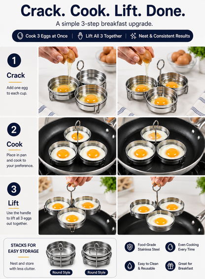 🔥Last Day 50% OFF - 🍳3-Cup Stainless Steel Egg Ring Set | Round & Heart Base