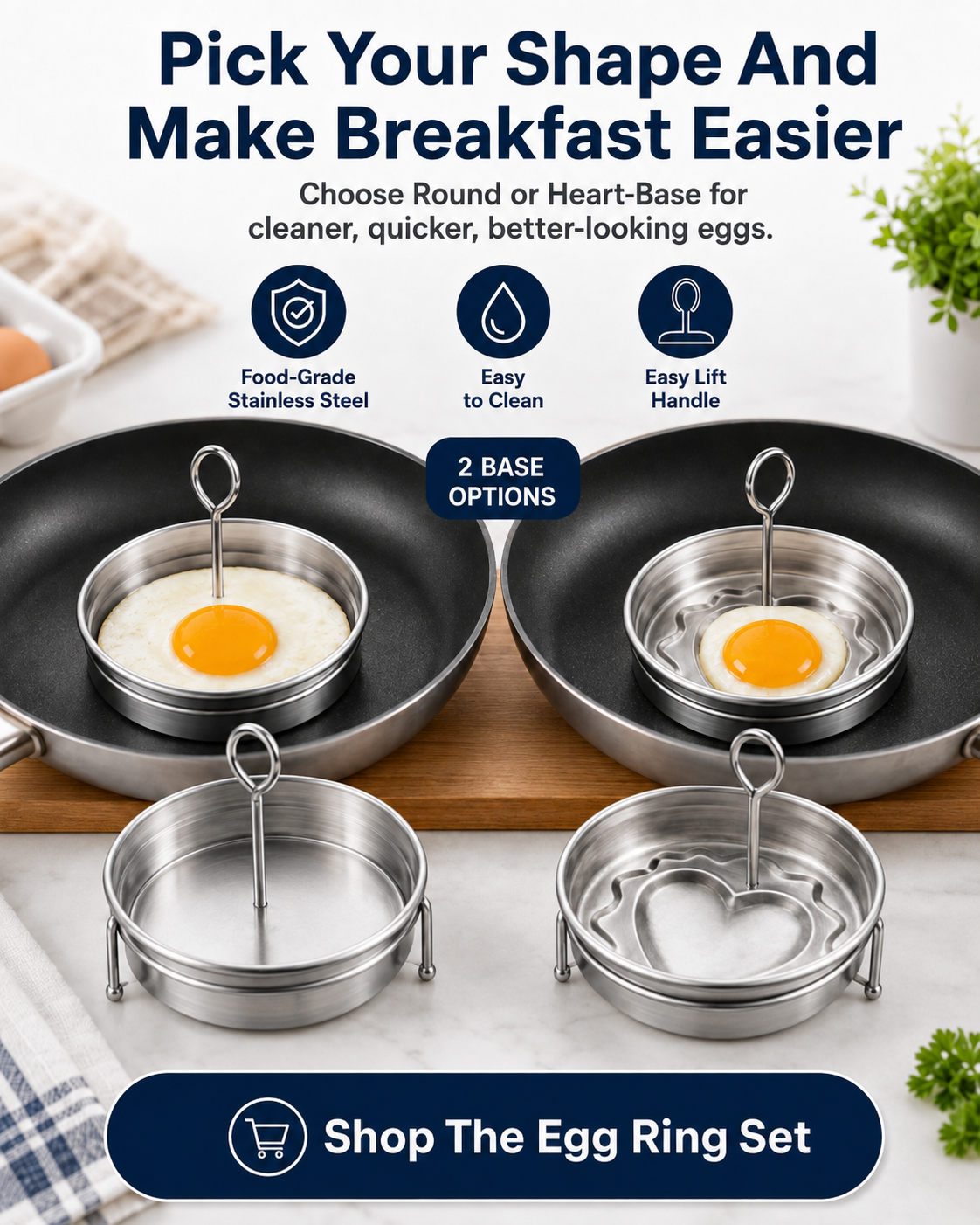 🔥Last Day 50% OFF - 🍳3-Cup Stainless Steel Egg Ring Set | Round & Heart Base