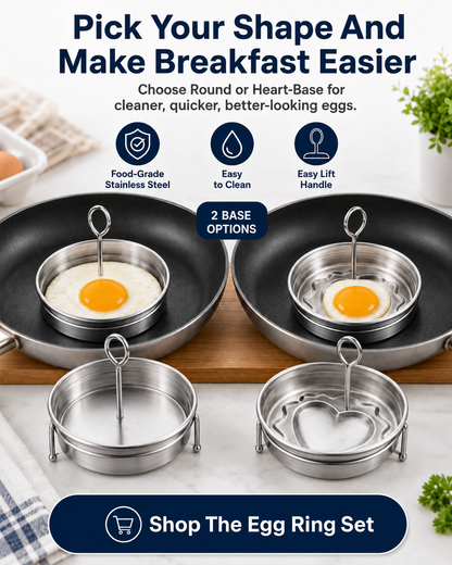 🔥Last Day 50% OFF - 🍳3-Cup Stainless Steel Egg Ring Set | Round & Heart Base