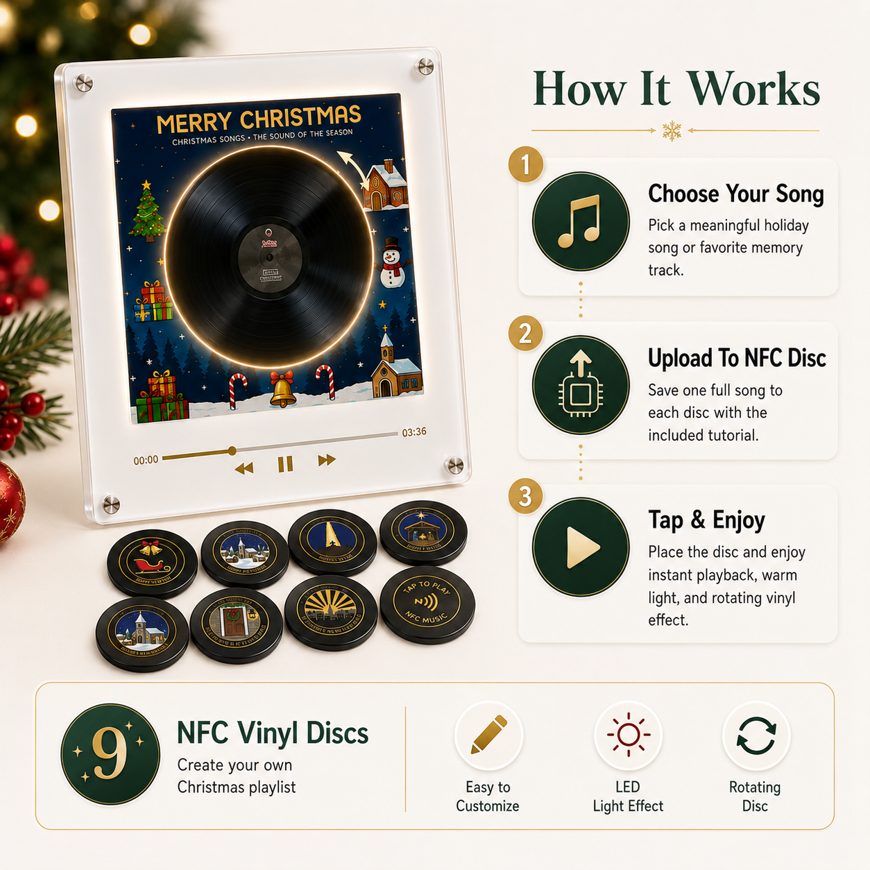 The Christmas Record That Plays Your Favorite Songs 🎄 – NFC Vinyl Music Display with LED & Rotating Disc, Free Shipping 🚚